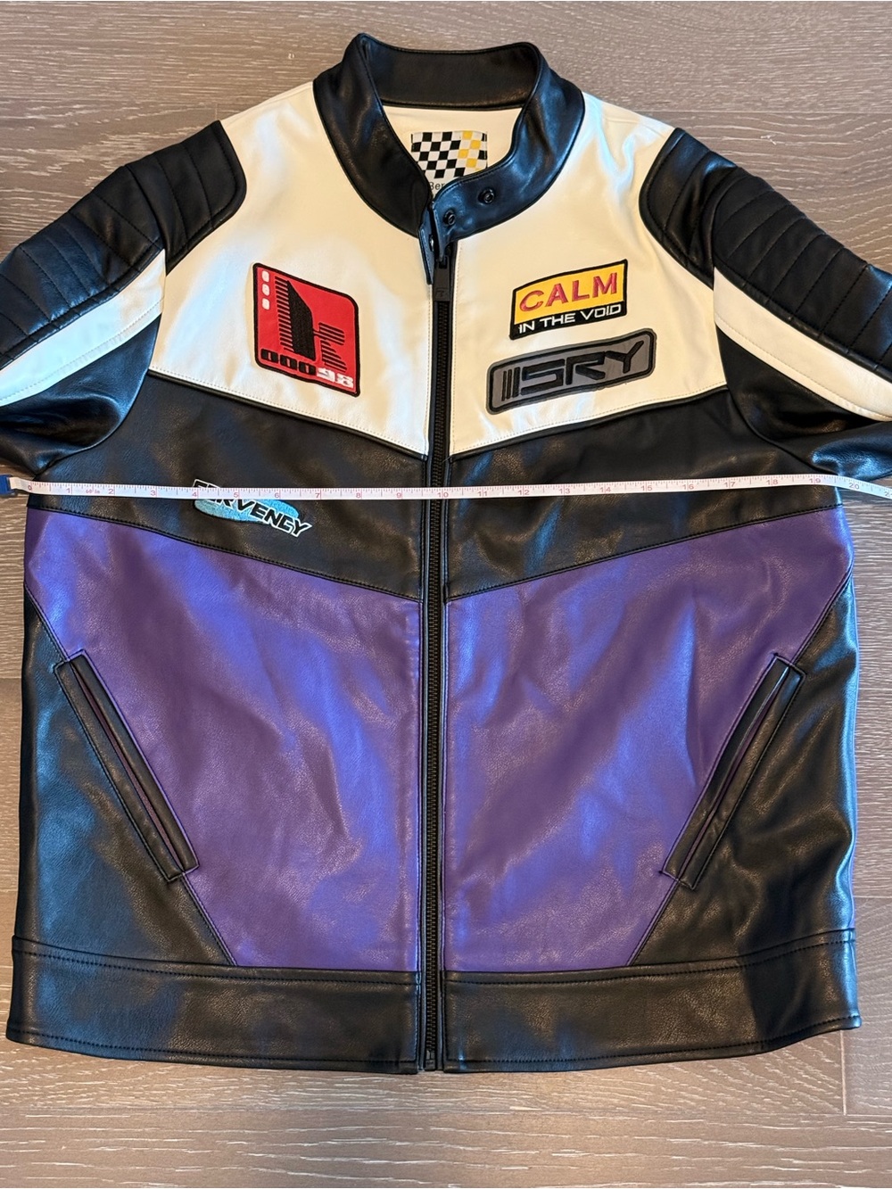 Bershka Faux Leather Racing Colour Block Moto Jacket Purple Y2K Size Medium M - Picture 15 of 17
